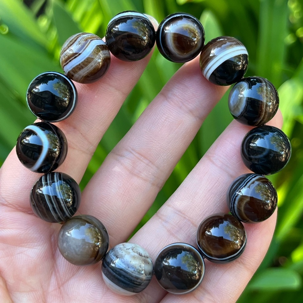 14mm stretchable black brown banded evil eye agate bracelet 0283